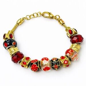 Gold Tone Charm Bracelet Red Black Crystal Beads Adjustable 9” European Style
